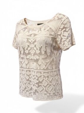 Ultra Pink Ivory Lace Sheer Blouse Short Sleeve Boho Size Medium